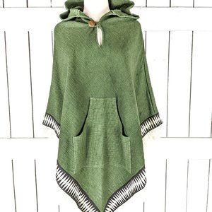 Dark green cotton tribal hooded tassel poncho